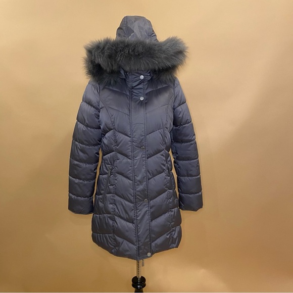 🛍️ Kenneth Cole New York Gray Chevron Puffer Long Winter Coat Jacket Fur Trim S - Picture 6 of 12